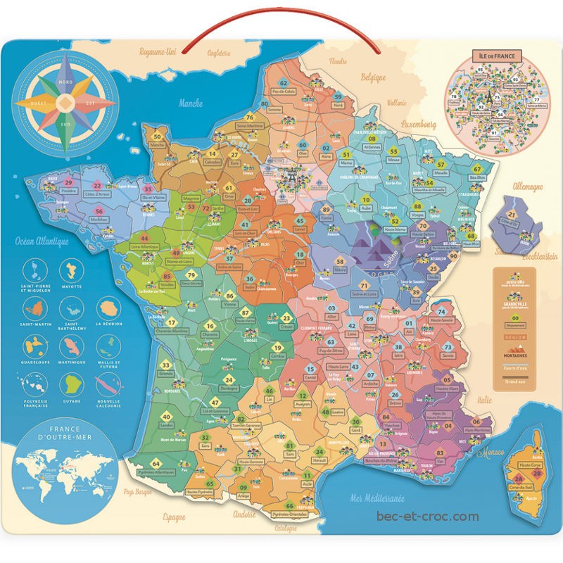 Carte de France en bois aimantée. Puzzle de la France